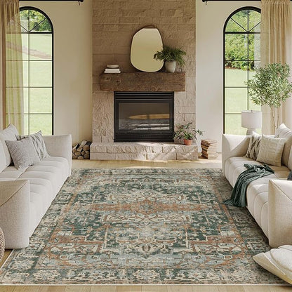 Rugxara 6x9 Area Rugs for Living Room Bedroom, Large Washable Rug, Green Vintage Floral Boho Style, Non Slip & Low Pile Carpet for Indoor Dining Room, Dorm and Kids Room(Green 6x9ft)