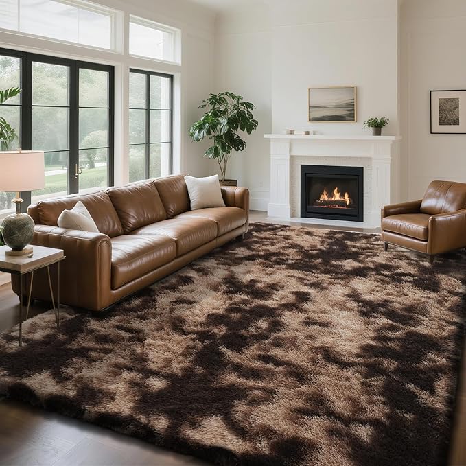 yongyangjuxin Fluffy Rug Shag Area Rug, Mottling Brown 9x12 Area Rugs for Living Room, Large Shag Area Rugs for Bedroom Kids Room Home Decor, Upgrade Anti-Skid Rectangular Fuzzy Rugs