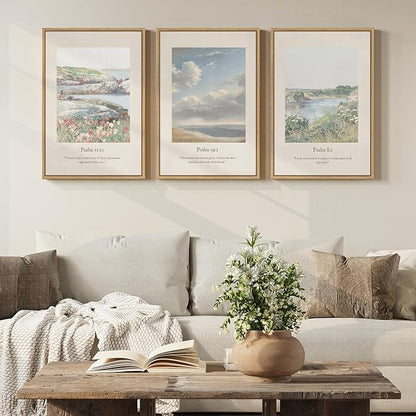 Framed Christian Wall Art for Living Room, Set of 3 Green Landscape Biblical Verse Canvas Prints Artwork for walls, Vintage Psalm Scripture Wall Decor, Dining Room Bedroom Prayer Room, 16x24 Inch