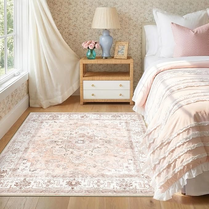 CAPALOCA Machine Washable Rugs Nursery Rug Sq5ft Cute Girl Non Slip Low Pile Water Repellent Soft Print Pattern for Bedroom Indoor Decor Kids Playroom Pink