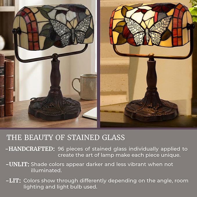 Tiffany Style Bankers Lamp-Stained Glass Butterfly Design Table or Desk Light LED Bulb Included-Vintage Look Colorful Accent Decor by Lavish Home