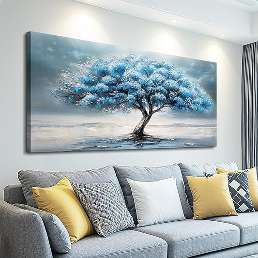 FUHAIHUA Farmhouse Wall Decor For Living Room Large Canvas Wall Art For Bedroom Office Decorations Blue Tree Paintings Abstract Wall Pictures Artworks Ready To Hang Home Decor Mural Art 24"X48"