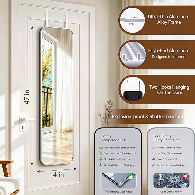NARCISSUS 47x14 Mirror Door Hanging Full Length,Over Door or Wall Mounted Aluminum Alloy Frame Tempered Glass Rectangle Full Body Mirrors for Bedroom Dressing Living Room Bathroom 47 inch Silver