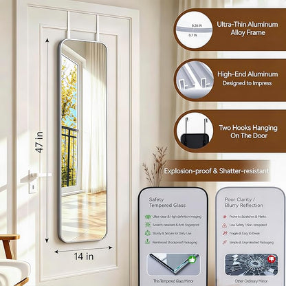 NARCISSUS 47x14 Mirror Door Hanging Full Length,Over Door or Wall Mounted Aluminum Alloy Frame Tempered Glass Rectangle Full Body Mirrors for Bedroom Dressing Living Room Bathroom 47 inch Silver