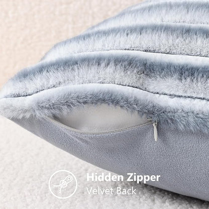 decorUhome Cozy Faux Fur Throw Pillow Covers 26x26 Set of 2 Decorative Soft Plush Striped Modern Farmhouse Boho Couch Euro Sham Pillow Cases with Velvet Back for Sofa Bed Living Room, Grey White