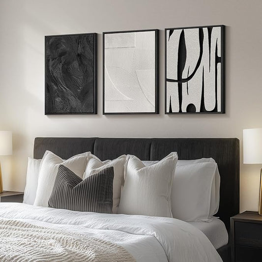 Framed Black and White Abstract Wall Art, 3 Piece Modern Canvas Prints Paintings Art for Walls, Minimalist Black White Abstract Pictures for Living Room Bedroom Dining Room Office Wall Decor 16x24 In