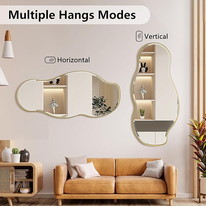 POZINO Large Irregular Mirror, 63"x28.5" Asymmetrical Metal Frame Mirror with Beveled Edge, Premium Organic Wall Mirrors for Living Room Bedroom Hallway Entryway, Horizontal/Vertical Hanging