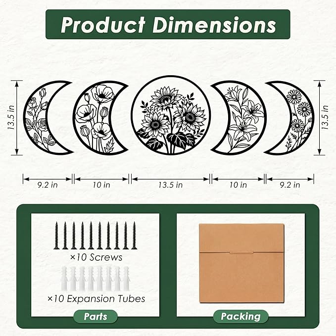 Sanwarm 5 Pieces Metal Wall Decor, Floral Moon Celestial Metal Wall Art Sunflower Witchy Black Hanging Decoration for Home Bathroom Living Room Bedroom Garden Office Housewarming Gifts