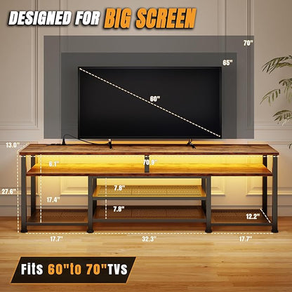 Korfile TV Stand for 65/75/80 inch TV, 71 in Entertainment Center with LED Lights and Power Outlets, TV Console Table with Open Shelves for Living Room and Bedroom, Rustic Brown