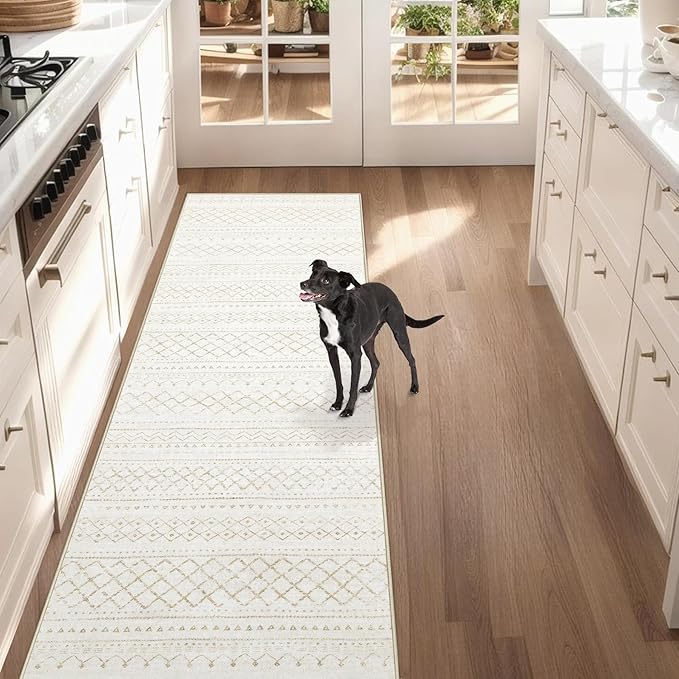 Runner Rug 2x8 Boho Geometric Area Rugs: Washable Kitchen Rug, Soft Non Slip Moroccan Long Hallway Rugs for Bedroom Bathroom Laundry Entryway Staircase Foyer(Beige,2X8)