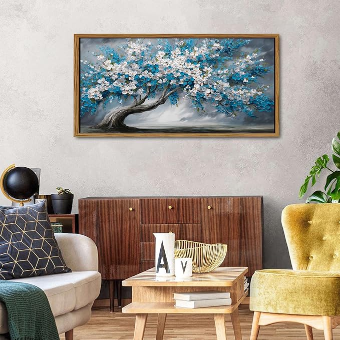 Framed White Blue Tree Wall Art Tree of Life Picture for Living Room Colorful Flower Decor Abstract Nature Scenery Texture Prints Canvas Painting Watercolor Artwork Bedroom Kitchen Decoration 24x48