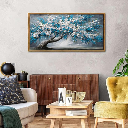 Framed White Blue Tree Wall Art Tree of Life Picture for Living Room Colorful Flower Decor Abstract Nature Scenery Texture Prints Canvas Painting Watercolor Artwork Bedroom Kitchen Decoration 24x48