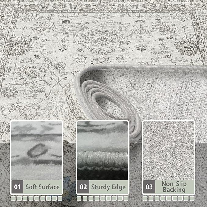 Grey Runner Rug for Hallways Kitchen 2x6, Non Slip Washable Rug with Rubber Backing Soft Floral Carpet Runner for Hallways, Kitchen, Laundry, Bedroom, Bathroom