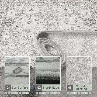 Floral Hallway Runner Grey Carpet Non-Slip, 2'6" x 14' Washable Rug Ultra-Thin Soft for Hallways, Kitchen Mat Stain Resistant for Entryway Bathroom