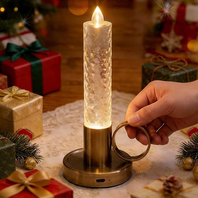L LOHAS LED Flameless Candles, 3 Level Brightness Adjustable, Rechargeable Battery Candles, 3000K Soft White, Crystal Gold Metal Candles for Easter Valentines Aniversary Wedding, 3.54"x2.95"x7.75"