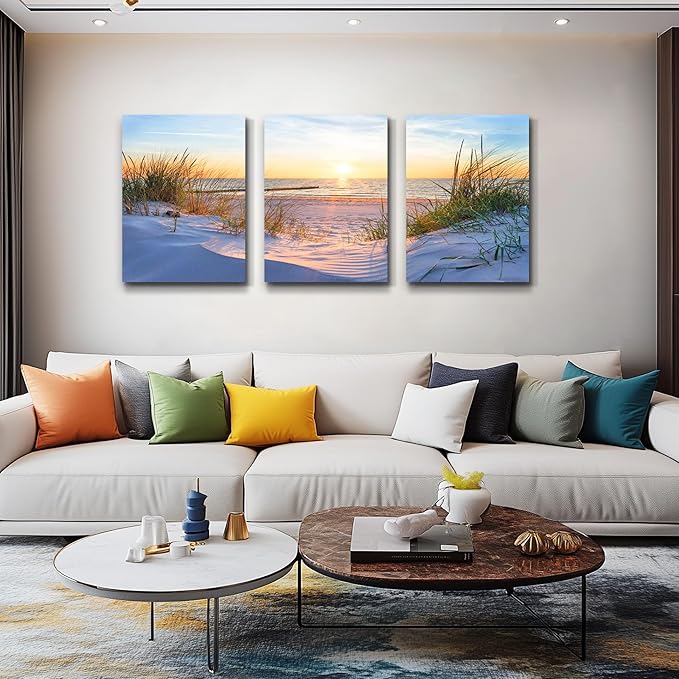 MHARTK66 Large Canvas Wall Art For Bedroom Wall Decor For Living Room Modern Office Pictures Wall Artwork Blue Sun Beach Grass Ocean Landscape Paintings Canvas Art Prints Home Decorations 3 piece