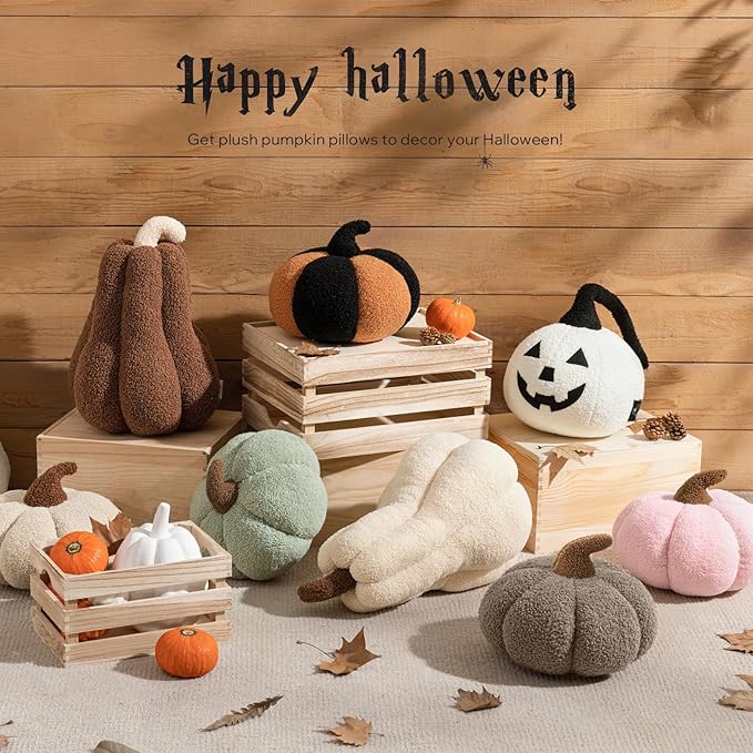 Phantoscope Teddy Plush Pumpkin Pillow, Halloween Super Soft Snowflake Fabric Decorative Cute 3D Shaped Cushion, White, 6 x 12 inches