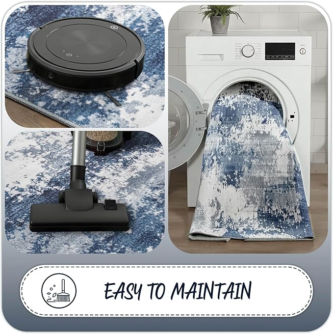 Entryway Rug 3x5 Blue Door Mat Indoor Entrance 36x60, Washable Small Throw Rugs for Kitchen Floor, Entry, Front Door, Bedroom Bedside, Non-Slip Low Pile Stain & Fade Resistant, Abstract Navy