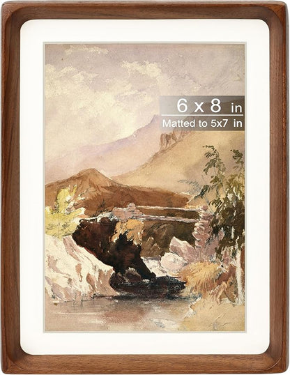 6x8 Picture Frame with Mat for 5x7, Natural Walnut Wood Handcrafted Rounded Corner with Real Glass, Vertical or Horizontal Display Photo Gallery Wall & Tabletop Frame