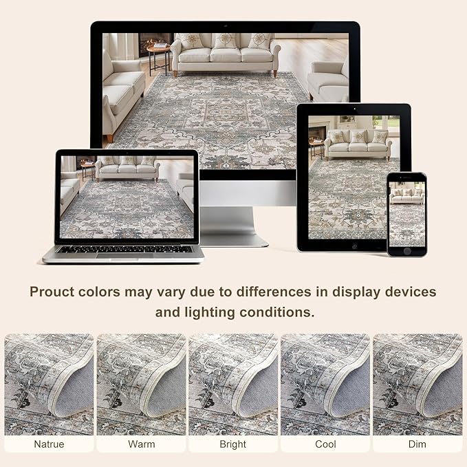 10x12 Washable Area Rugs for Living Room: Non Slip Vintage Gray Brown Rug, Large Soft Stain Resistant Indoor Floor Carpets for Bedroom Dining Room Nursery Home Office Kid & Pet Friendly