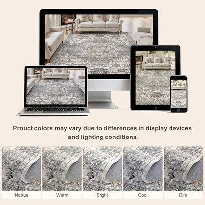 10x12 Washable Area Rugs for Living Room: Non Slip Vintage Gray Brown Rug, Large Soft Stain Resistant Indoor Floor Carpets for Bedroom Dining Room Nursery Home Office Kid & Pet Friendly
