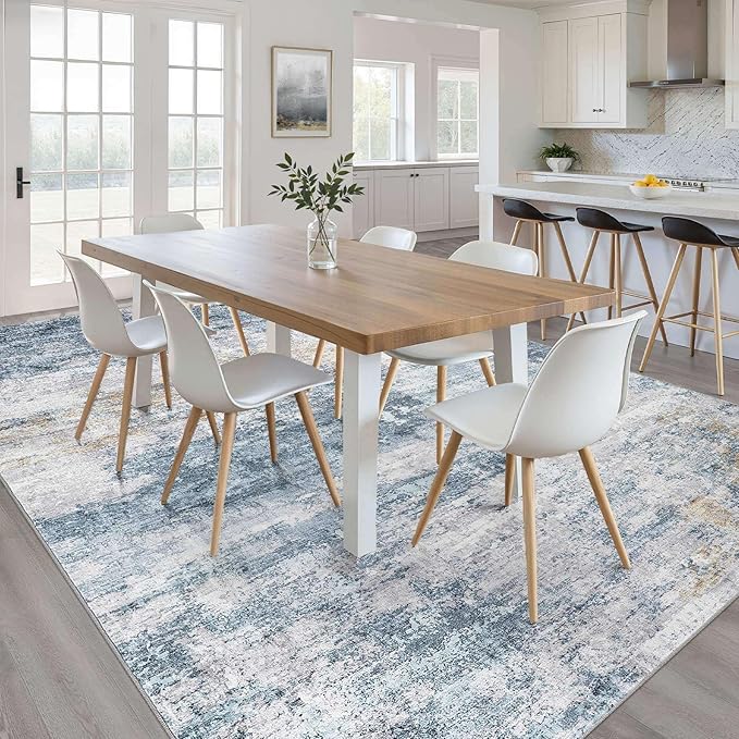 10x13 Area Rug Living Room: Washable Large Neutral Rug Abstract Soft Modern Stain Resistant Indoor Floor Non-Slip Carpet for Bedroom Nursery Kids Office Playroom Dining Room Under Table- Blue Gold