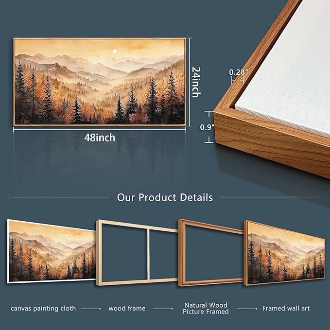 FUHAIHUA Large Wood Framed Wall Decor For Living Room Canvas Wall Art For Office Modern Wall Decorations For Bedroom Forest Landscape Painting Farmhouse Pictures Artwork Room Home Decor 24x48 In