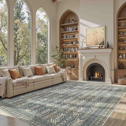 Rugxara 8x10 Washable Area Rugs for Living Room&Bedroom - Floral Boho Vintage Rug,Soft & Non-Slip,Low Pile Wool Carpet for Indoor Dining Room,Girls Room,Nursery Room and Kids Room(Ivory Blue)