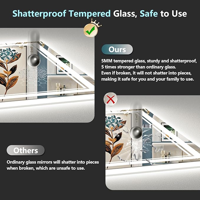 55x40 LED Bathroom Mirror with Lights, Backlit and Front Lit Anti-Fog Lighted Vanity Mirrors for Bathroom Wall, Dimmable, 3-Color Light, Memory, Shatter-Proof, HD Tempered Glass, CRI＞90