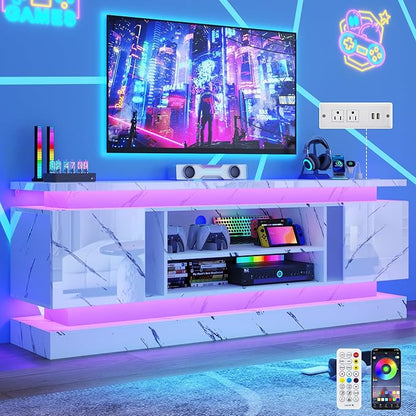 71" 2 LED Marble TV Stand for TVs 85 inch,High Gloss Gaming Tall Entertainment Center w/Power Outlet,6000-Colors LED Lights,Modern TV Media Console Table with 2 Cabinets for Living Room,White Marble