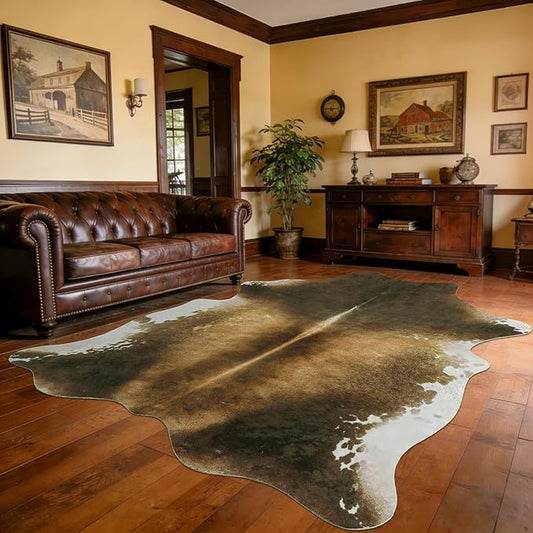 Oversized Washable Non Slip Cowhide Rug 8x10 Brindle and White, Large Faux Animal Skin Area Rugs for Living Room, Western Rustic Cottagecore Home Decor Carpet TPR Backing