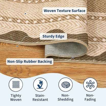 GarveeHome Modern Neutral 9x12 Area Rug Large Washable Rugs for Living Room, Low Pile Non Slip Stain-Resistant Soft Carpet, Contemporary Border Pattern Floor Mats for Home Decor, Linen Color