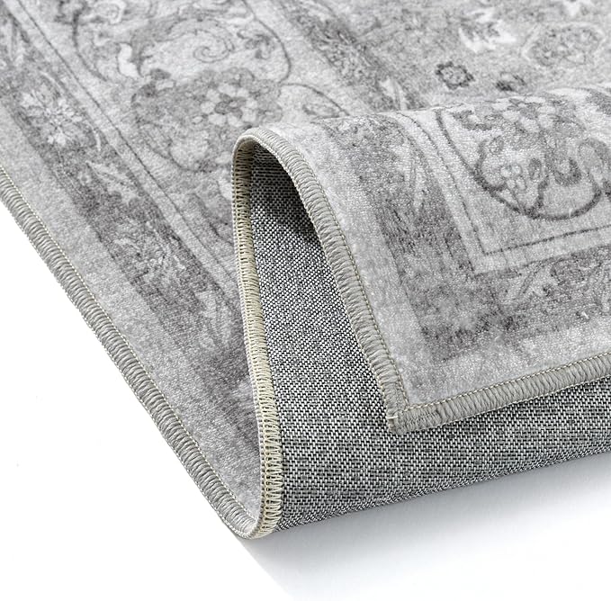 PureCozy Gray 3x5 Area Rug Entryway Washable Vintage Carpet Office Small Indoor Non Slip Soft Low Pile Thin Stain Resistant Distressed Accent Throw Rug for Entrance Bedroom Dining Living Room