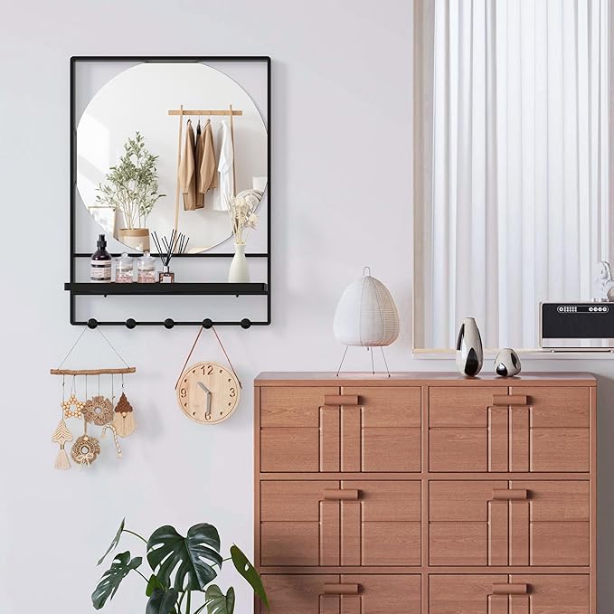 Wall Mirror with Shelf and Hooks, 21" X 28" Metal Framed Bathroom Mirror with Shelf, Decorative Mirror for Bathroom, Entryway, Bedroom, Living Room (Black, 21 x 28)