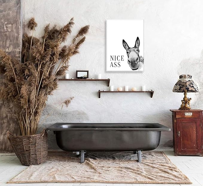 Black And White Donkey Canvas Wall Art, Nice Ass Bathroom Wall Art, Funny Animal Paintings Artwork, Bathroom Black And White Donkey Paintings,Toilet Black & White Wall Decor, Art Prints For Bathroom Toilet 12x16 Inches. Framed