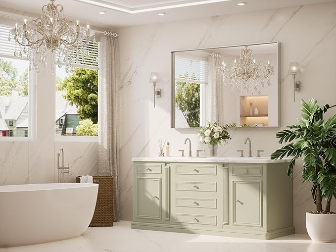 TETOTE 55" x 36" Brushed Nickel Bathroom Mirror, Brushed Nickel Vanity Wall Mirror for Bathroom Sink, Tempered Glass, Modern Farmhouse Rectangle Frame Mirrors for Bedroom, Entryway, Living Room