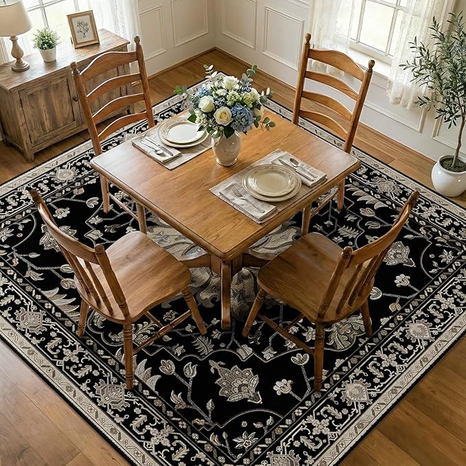 RELEANY Area Rugs Square 8ft Washable Non-Slip, Floral Vintage Distress Print Pattern Medallion Carpet for Living Room Bedroom Dining Room, Black Brown Neutral Dark Tan