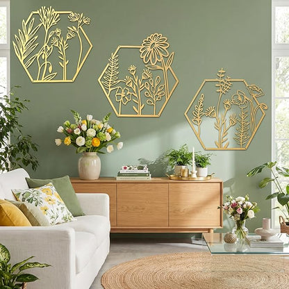 Peryiter 3 Pcs Metal Flower Wall Decor Minimalist Floral Wall Hanging Decor Metal Flower Rustic Floral Art for Spring Living Room Bathroom Kitchen Indoor Outdoor(Gold)