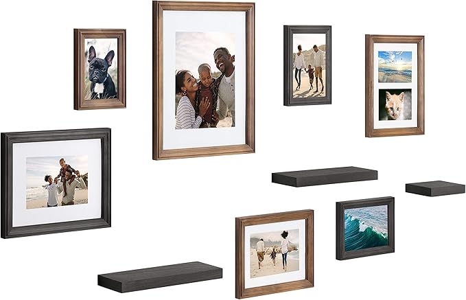 Kate and Laurel Bordeaux Gallery Wall Frame and Shelf Kit, Set of 10, Rustic Brown and Charcoal Gray, Assorted Size Frames and Three Display Shelves