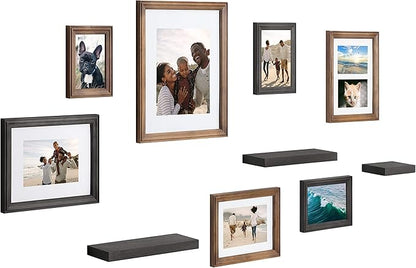 Kate and Laurel Bordeaux Gallery Wall Frame and Shelf Kit, Set of 10, Rustic Brown and Charcoal Gray, Assorted Size Frames and Three Display Shelves