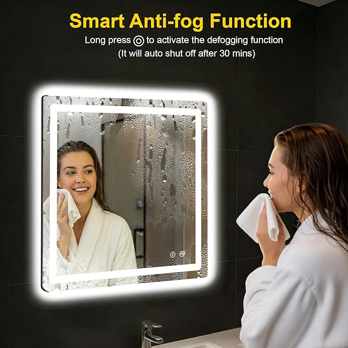 LED Bathroom Mirror with Lights - Anti-Fog, Dimmable, Backlit+Frontlit, 3 Color Light - 30"x30" Lighted Vanity Mirrors for Wall, Shatterproof Tempered Glass, Memory Function