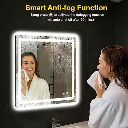 LED Bathroom Mirror with Lights - Anti-Fog, Dimmable, Backlit+Frontlit, 3 Color Light - 30"x30" Lighted Vanity Mirrors for Wall, Shatterproof Tempered Glass, Memory Function