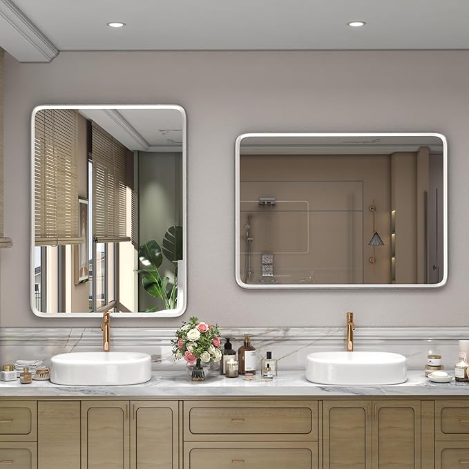 24x32 Silver Bathroom Mirror, Silver Vanity Mirror for Wall, Rounded Rectangle Mirror with Beveled Border, Anti-Rust, Polished, Shatterproof (Horizontal/Vertical)
