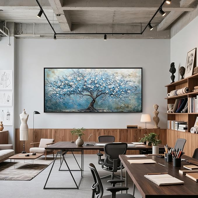 crmotu Tree of Life Wall Art, Large Wall Decor Living Room, Black Framed Wall Art, Cherry Blossom Tree Painting Prints, Modern Japanese Aesthetic Artwork, Blue Big Pictures for Office Hotel 32"x71"