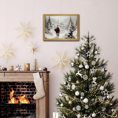 Vintage Christmas Canvas Wall Art, Wood Framed Santa Claus Wall Decor Painting, Rustic Farmhouse Winter Snow Scene Poster Print Picture 12x16 inch, Best Holiday Decor for Living Room Bedroom Home