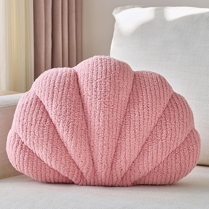 Shell Pillow, Soft Decorative Pillows for Bed Couch, Seashell Plush Throw Pillow Aesthetic Home Decor Cushion for Bedroom Living Room (Grey Pink, 18 X 13 Inches)