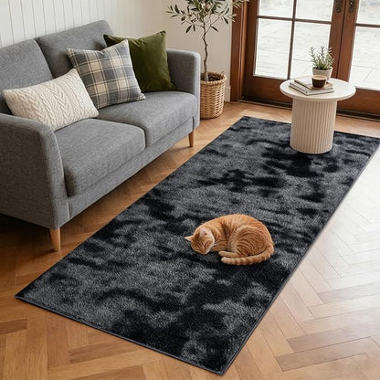FinRèc 2x6 Washable Runner Rugs for Kitchen Hallway Bedroom, Low Pile Thin Ultra Soft Shag Rug, Non-Slip Carpet Indoor for Home Decor (Tie-dye Dark Grey)
