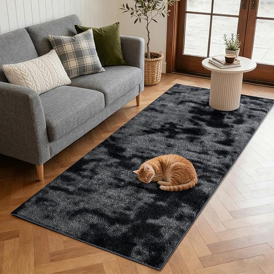 FinRèc 2x8 Washable Runner Rugs for Kitchen Hallway Bedroom, Low Pile Thin Ultra Soft Shag Rug, Non-Slip Carpet Indoor for Home Decor (Tie-dye Dark Grey)