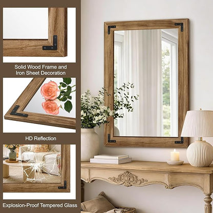 AMOISE Farmhouse Bathroom Vanity Mirror, 38" x 26" Wood Frame Wall Mirror, Vintage Rustic Decor for Entryway, Bedroom, Living Room, Vertical or Horizontal Hanging