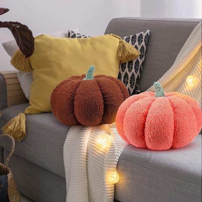 Kajaia 2 Pcs Simulated Pumpkin Plush Pillow 11 x 9.5 Inch 3D Cushion Fall Decorations Stuffed Throw Pillows Toy for Fall Halloween Thanksgiving Bedroom Sofa Couch Supplies (Orange,Brown)